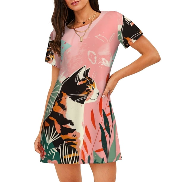 Easygdp Colorful Cat With Flowers Camisón de manga corta para mujer, informal, estampado