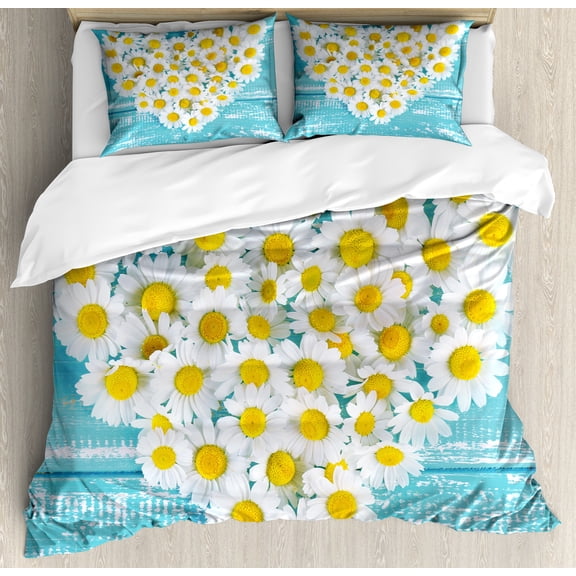 Yellow and Blue Duvet Cover Set, Heart Shaped Daisy Flowers Romantic Lovers Chamomile Blossoms Print, Decorative 3 Piece Bedding Set with 2 Pillow Shams, Calking Size, Sky Blue White, by Ambesonne