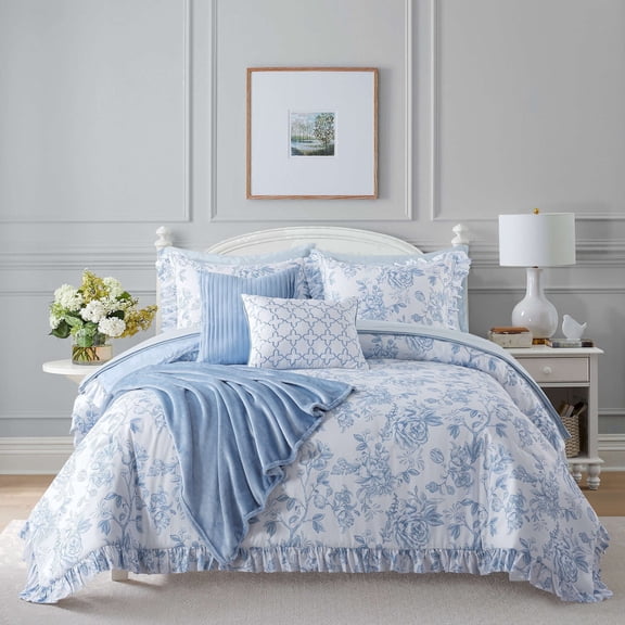 NSH by New Sega Home Annabelle 10-Piece Blue Comforter Set, Queen