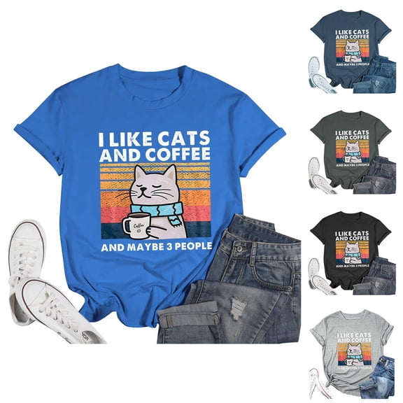 HCYSFG Womens Cute Cat Print T-Shirt Short Sleeve Crewneck Kitten Graphic Tee Funny Animal Lover Gift Top Casual Summer Fashion Shirt