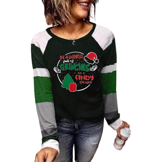 T-Shirt de Baseball à Blocs de Couleur pour Femmes Noël Décontracté à Manches Longues