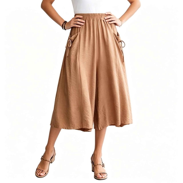 Hngshg Plus Size Capris for Women Flowy Loose Smocked Solid Color Casual Wide Leg Pants Summer Vacation Pants with Pockets