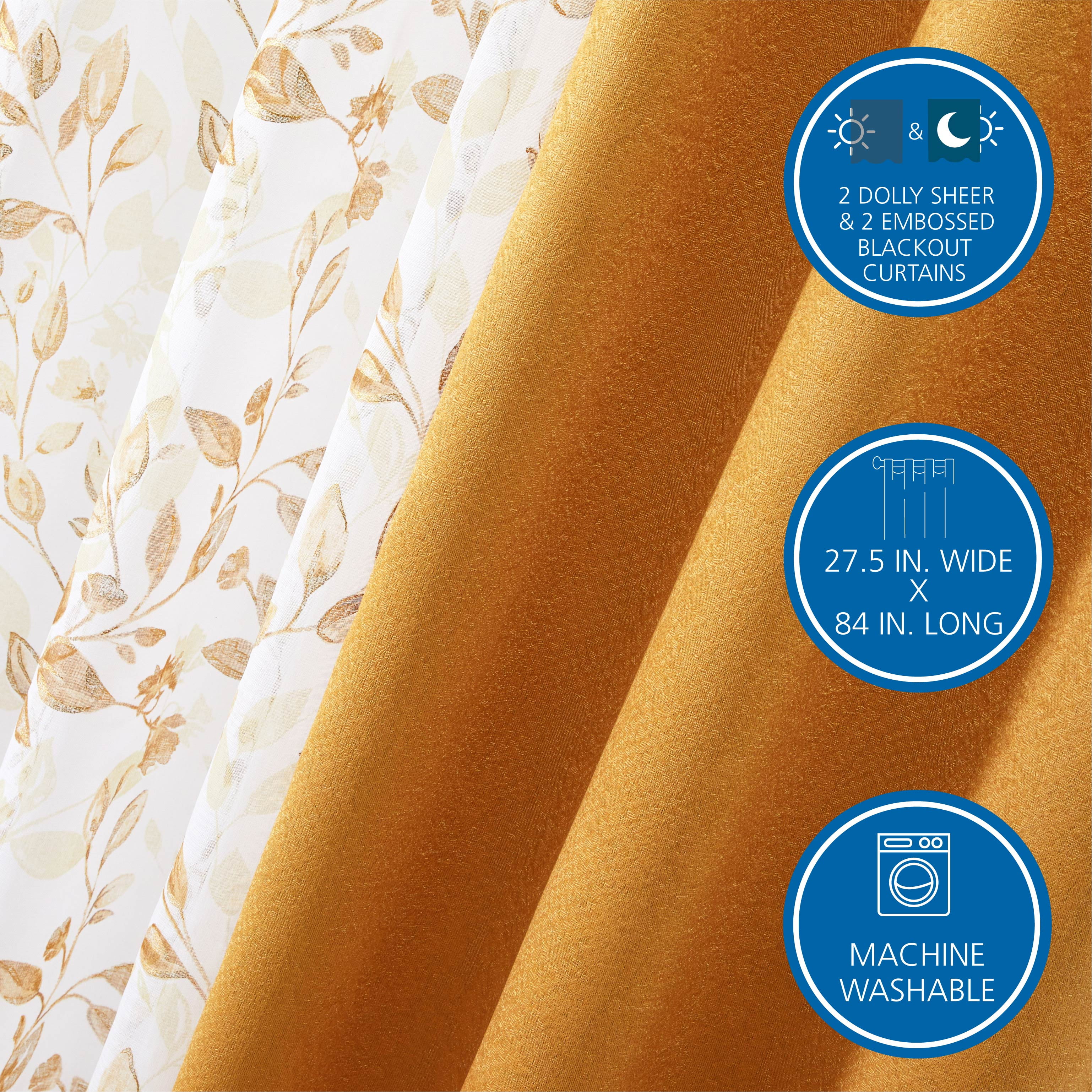 Mainstays Metallic Blackout Curtains and Sheers Set, 4 Panels, Brown Butter, 27.5" W x 84” L