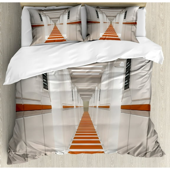 Outer Space Duvet Cover Set, Spacelaunch Spaceship Futuristic Interior Corridor Mars Planet World Image, Decorative 3 Piece Bedding Set with 2 Pillow Shams, Calking Size, White and Red, by Ambesonne