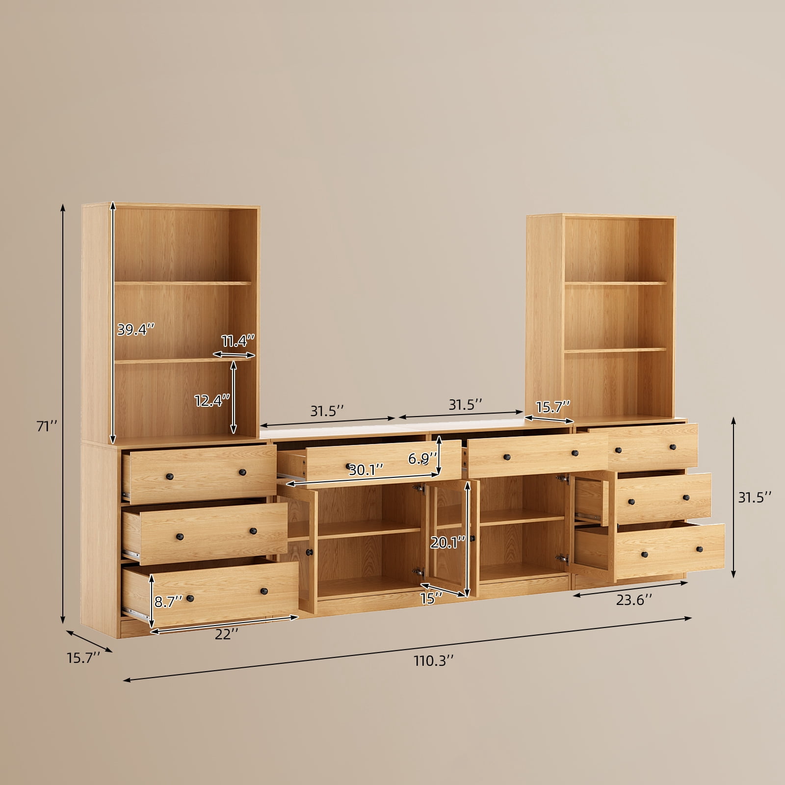 RichYa 4Pcs Kitchen Pantry Storage Cabinet,Modular Furniture Cabinets with Drawers,Hutch Buffet Cabinet with Display Glass Doors for Dining Room,Wood
