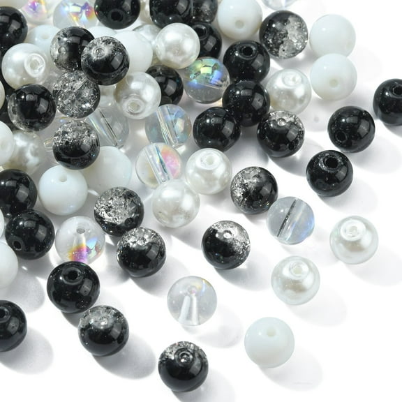 100 Pcs 8mm Mixed Black & White Round Glass Beads Spray Painted Glass Round Spacer Beads for Bracelet Making DIY