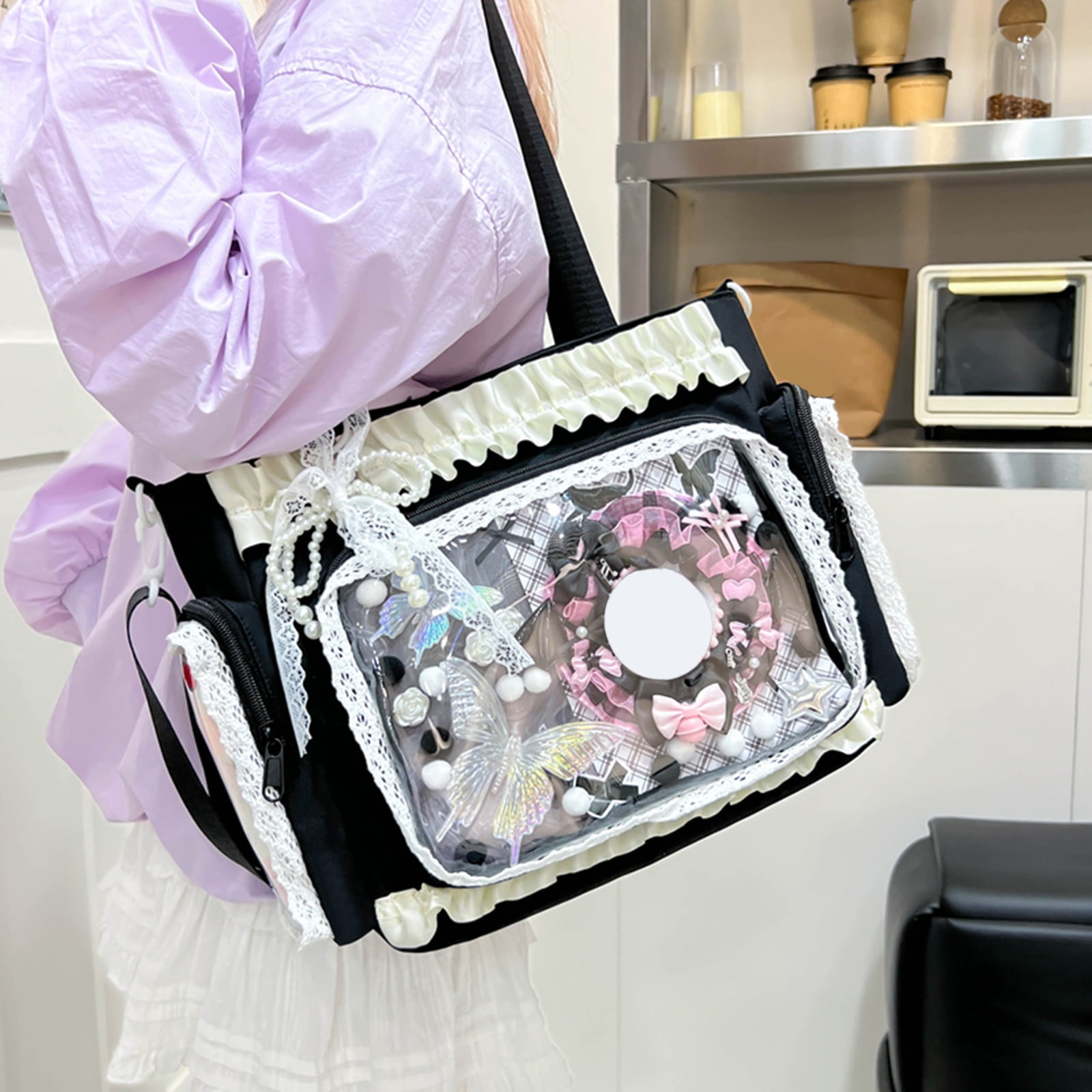 Women Transparent Square Ita Bag with Pin Display DIY Badge Crossbody Bag W/ Zipper & Pendant for Shopping Travel Work Daily Use (Black)