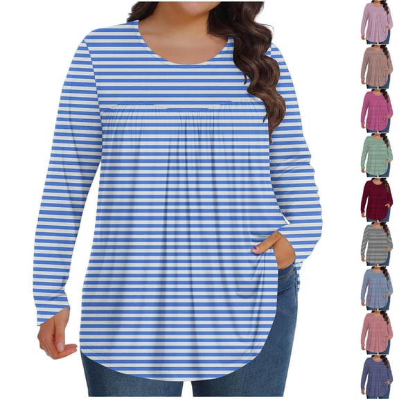 HomeDM Women's Plus Size Tops Long Sleeve Striped Shirts for Women Fall Round Neck Loose Fit Pullover Tops - Light Blue/L