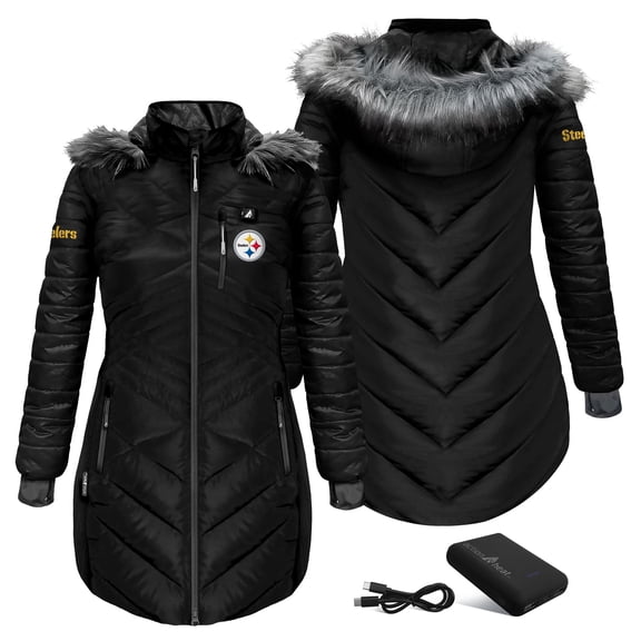 Women's ActionHeat Black Pittsburgh Steelers 5V Battery Heated Long Puffer Jacket