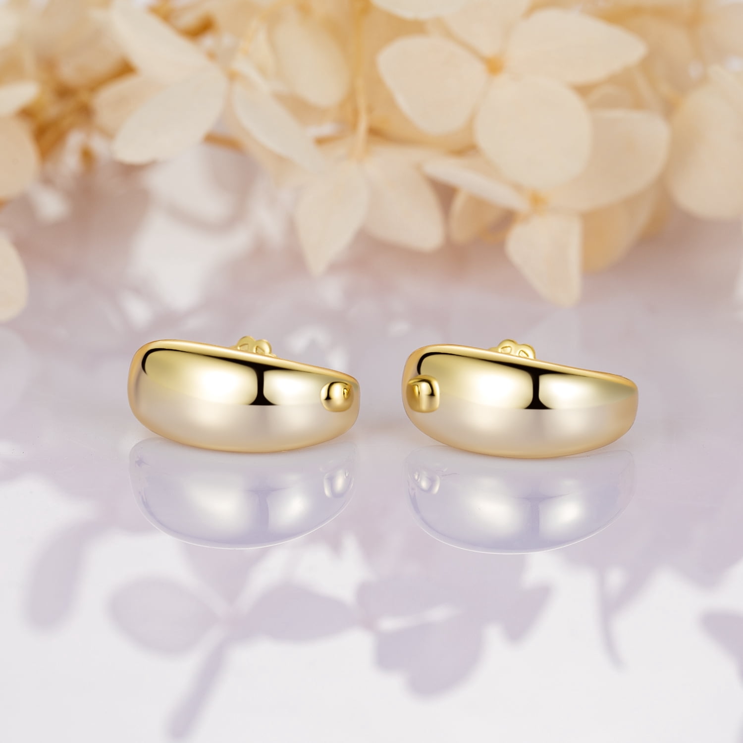 14K Gold Hoop Stud Earrings for Women Thick Gold Stud Earings 13.5mm Glossy Half Hoops 14K Gold Plated Stud Earrings for Women