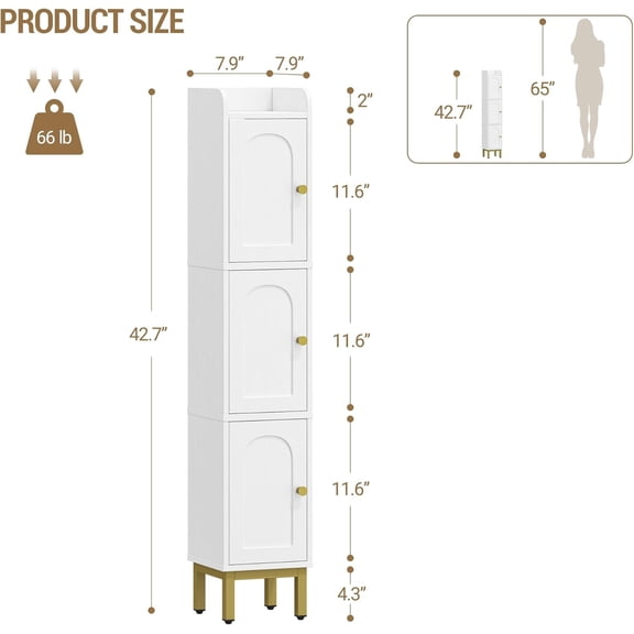 Slim Bathroom Storage Cabinet, Narrow Organizer with 4 Adjustable Feet for Small Spaces, White