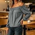 thumbnail image 6 of Tqcoqu Women's Off Shoulder Long Sleeve Cotton Linen Blouse, Elastic Ruffle Neckline Puff Sleeve Casual Solid Top, 6 of 7