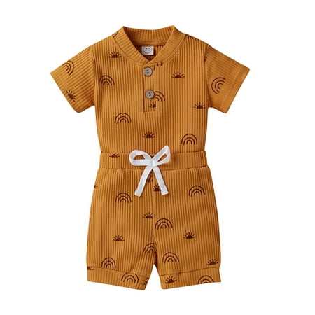 

Yinyinxull Summer Kids Baby Boys Girls Clothes Sets 2Pcs Sun Rainbow Printed Short Sleeve Romper Tops Shorts Yellow 18-24 Months
