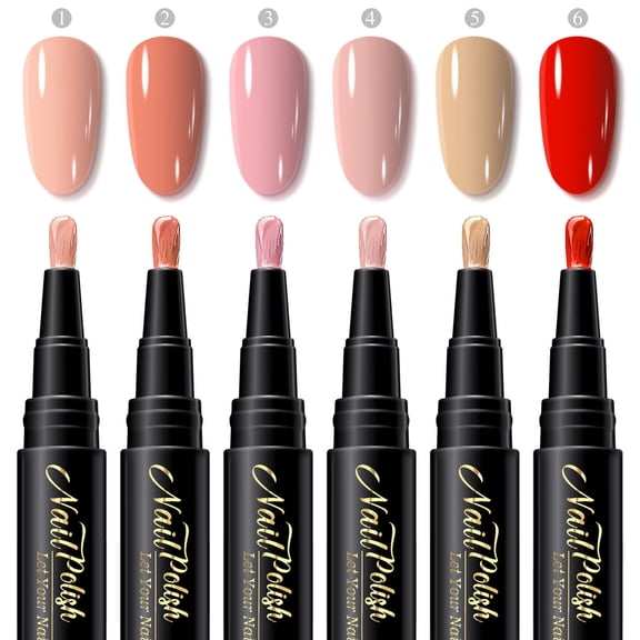 YiFudd 6 Shades Water-Based Nail Polish Pen Set, Air Dry No Lamp Needed, Rotatable Brush Tip for Precision DIY Manicure, 5ml Each