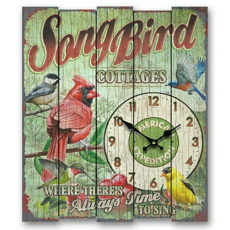 Reel Clock - Song Bird Bed/Breakfast Wooden Clock, Large, Multicolor, Printing on Real wooden slats By American Expedition from USA