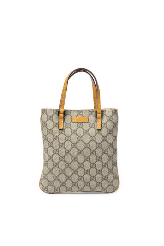 Pre-Owned Gucci Beige/Mustard Yellow Mini Vertical Tote Handbag Supreme Coated Canvas