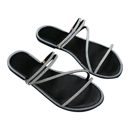 

Jsezml Rhinestone Sandals for Women Flat Glitter Shiny Wedding Beach Party Shoes Casual Summer Dress Slides Slippers
