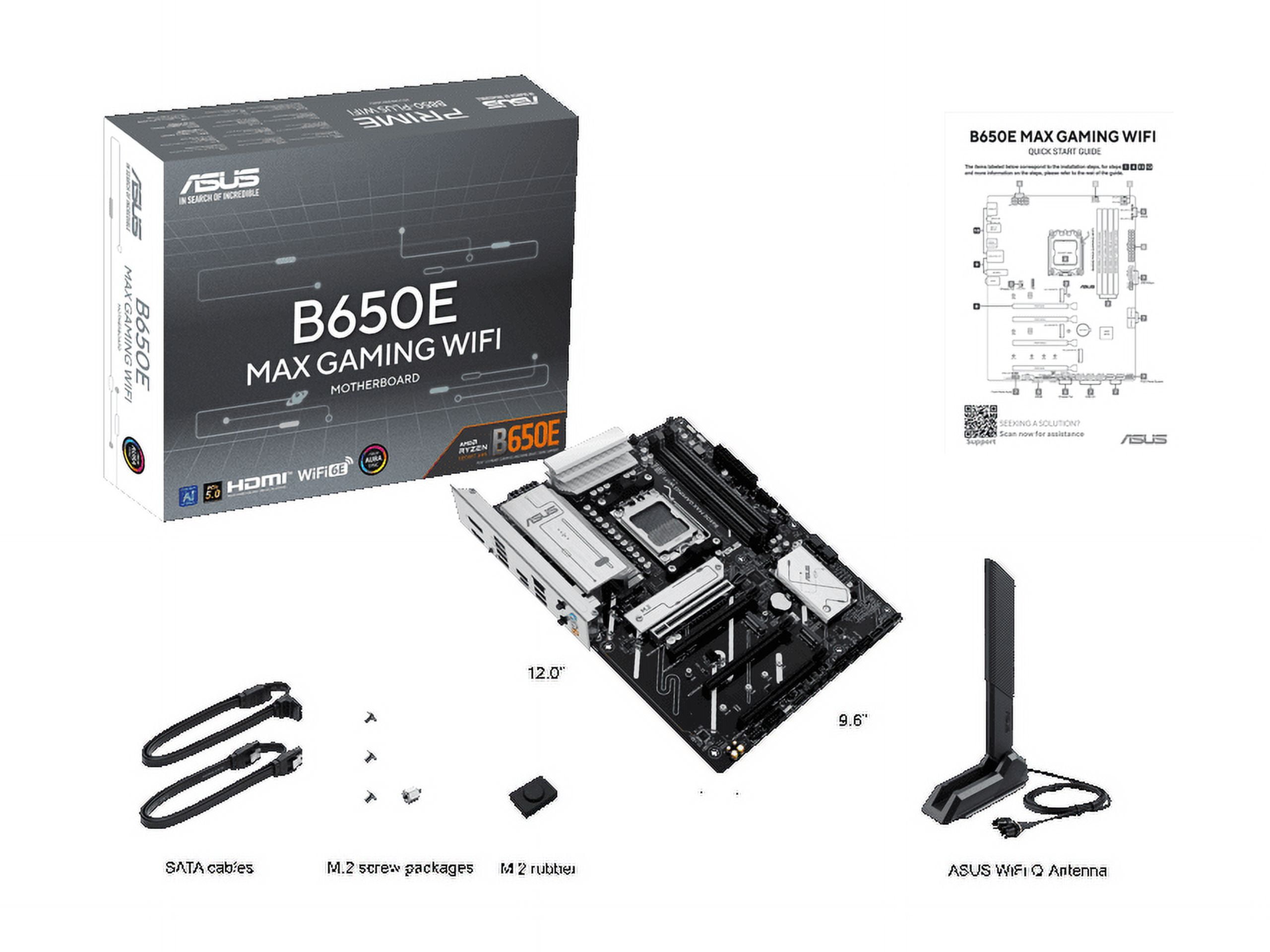 ASUS B650E MAX GAMING WIFI AMD B650 ATX motherboard, DDR5, PCIe 5.0 Ready, 3x M.2 slots, Wi-Fi 6E, Realtek 2.5Gb Ethernet, DisplayPort, HDMI, USB 10Gbps Type-A & Type-C, BIOS FlashBack, Aura Sync