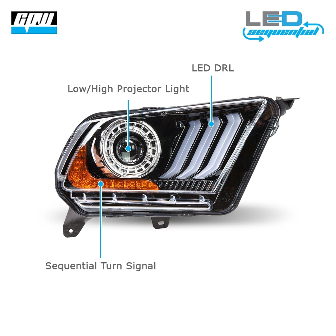 CPW LED Projector Headlights for 2010 2011 2012 Ford Mustang, Sequential Turn Signal Lights Head Lights Assembly Replacement Set(S550 Style LED DRL)
