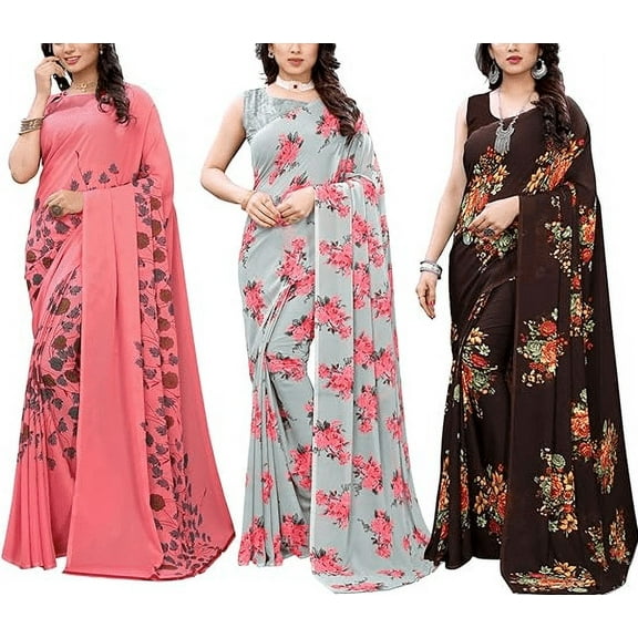 Accessorize Kingdom Printed Georgette Saree with Blouse Combo Pack Of 3