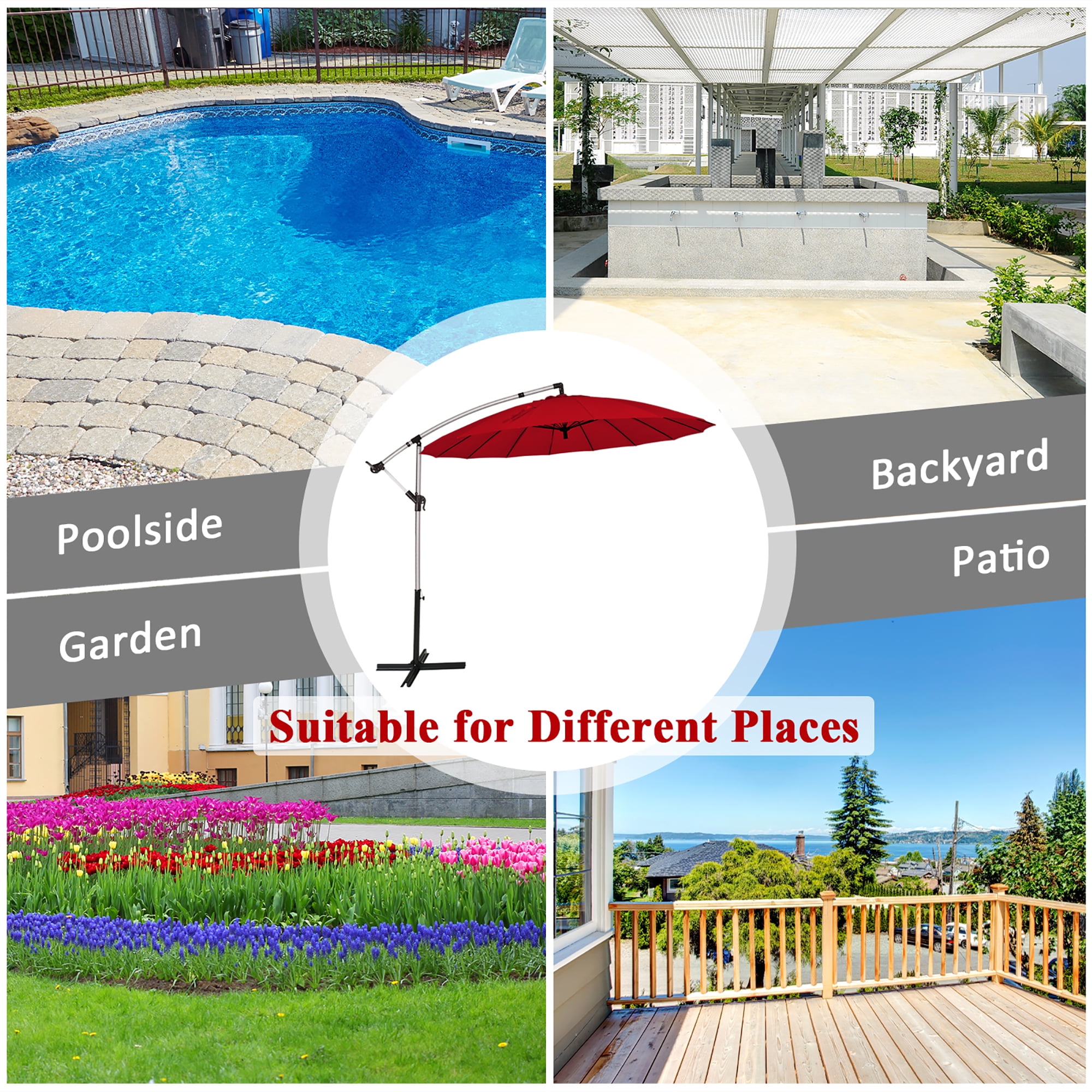 Costway 120" Burgundy Market Patio Umbrella, Water-Resistant