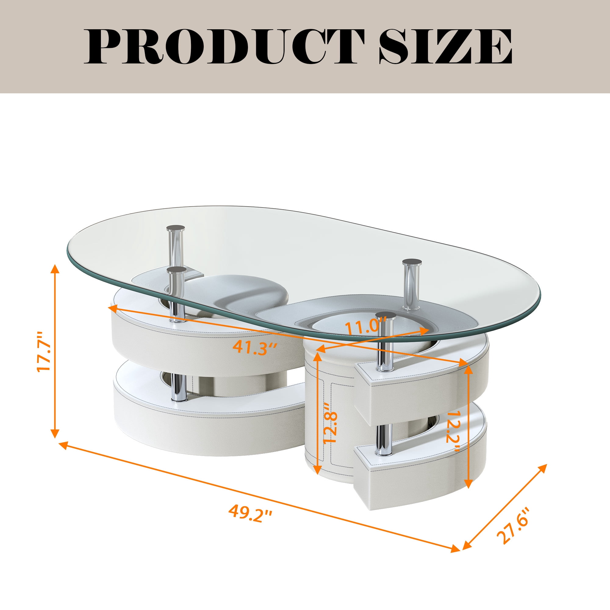 3 Pieces Coffee Table Set, 0.39" Tempered Glass Top and S Shape Base, Oval Modern Coffee Table with 2 Leather Stools, Accent Coffee Table for Living Room Bedroom