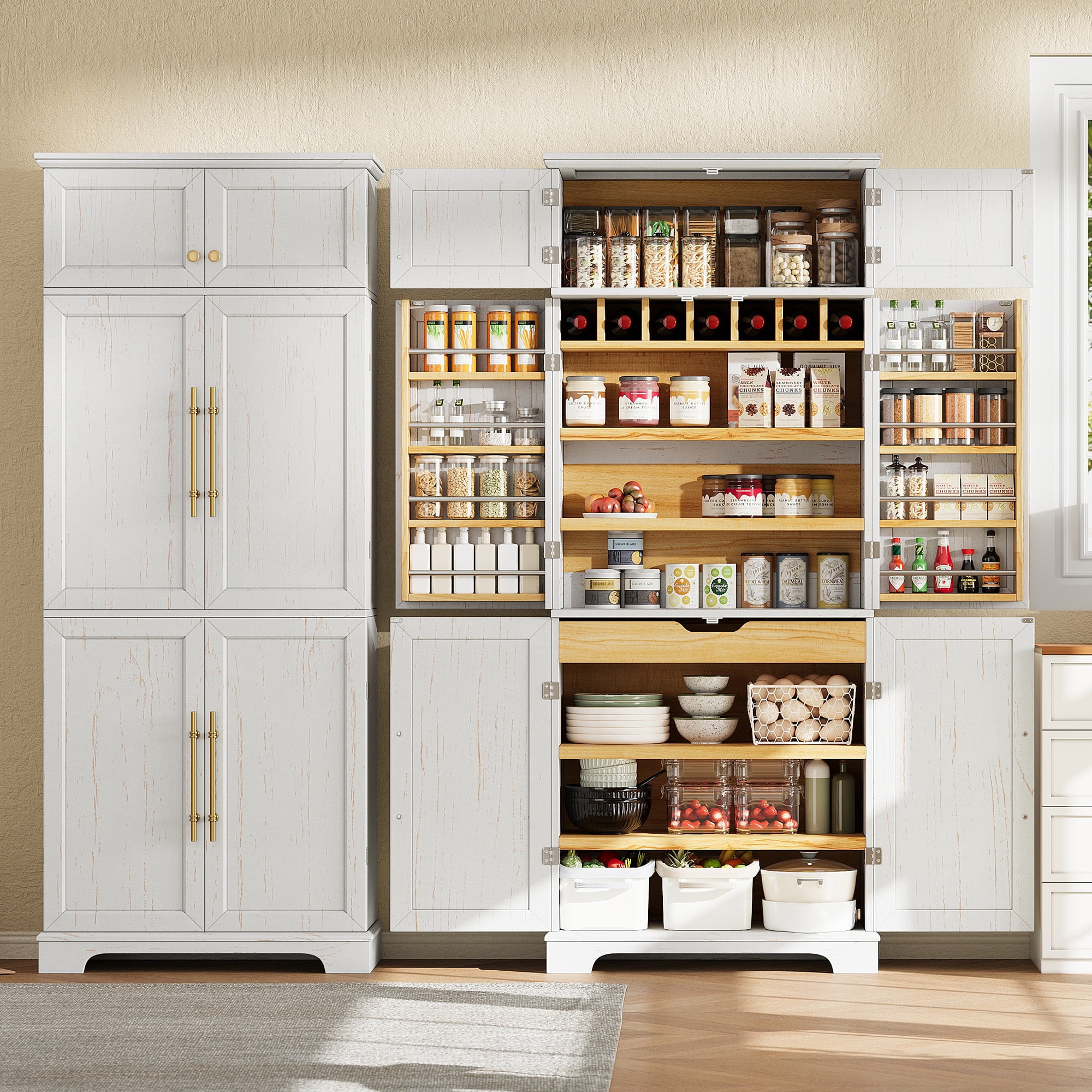 Mintazer 78" Tall Farmhouse Pantry Cabinet with Adjustable Shelves & 8 Door Shelves, Freestanding Storage Cabinet with Hidden Drawer & Wine Rack for Kitchen Dining Room Living Room, White