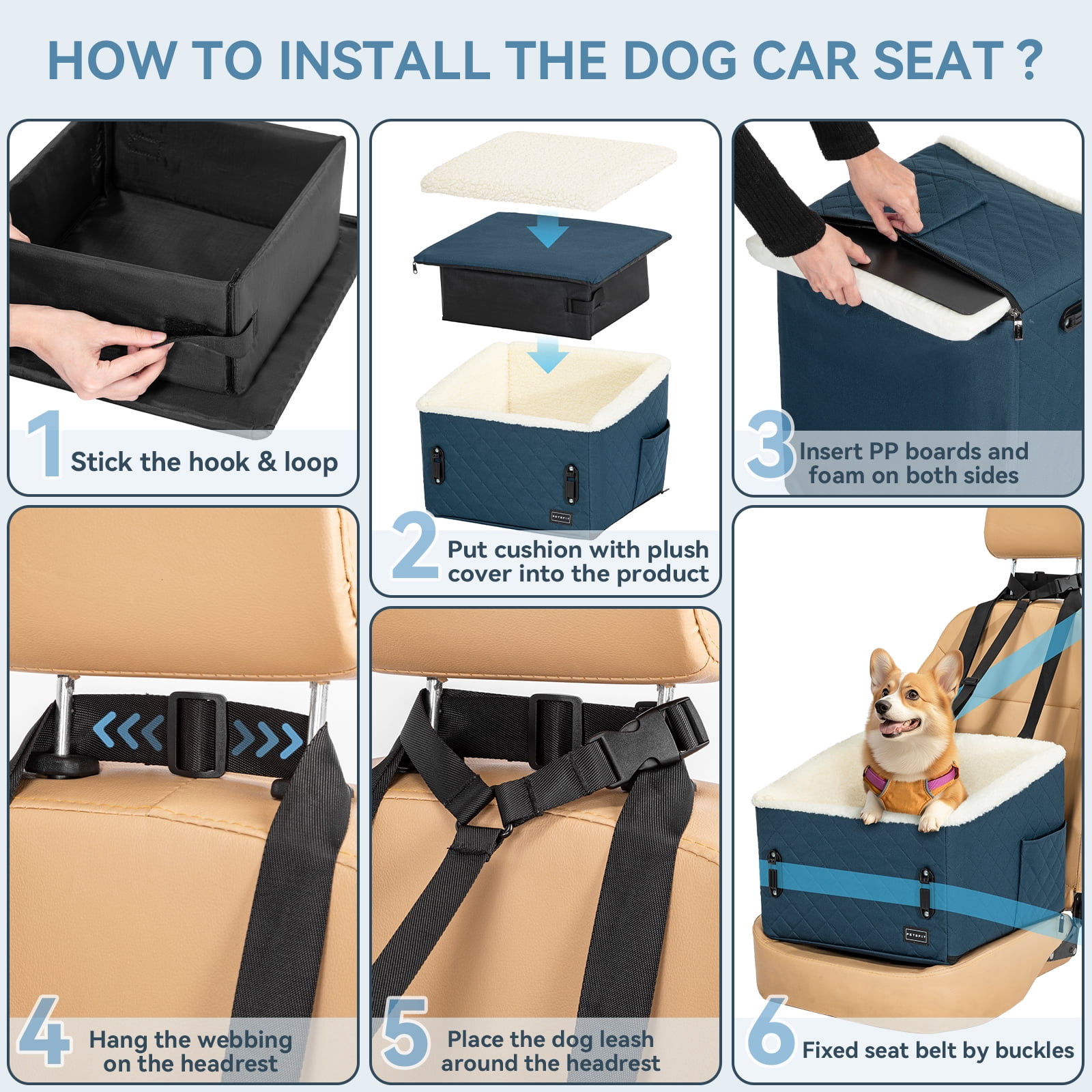 PETSFIT Pet Car Seat for Small Dogs,Patented Safety Buckles, Detachable Clip-On Safety Leash, 30 LBS (Blue)