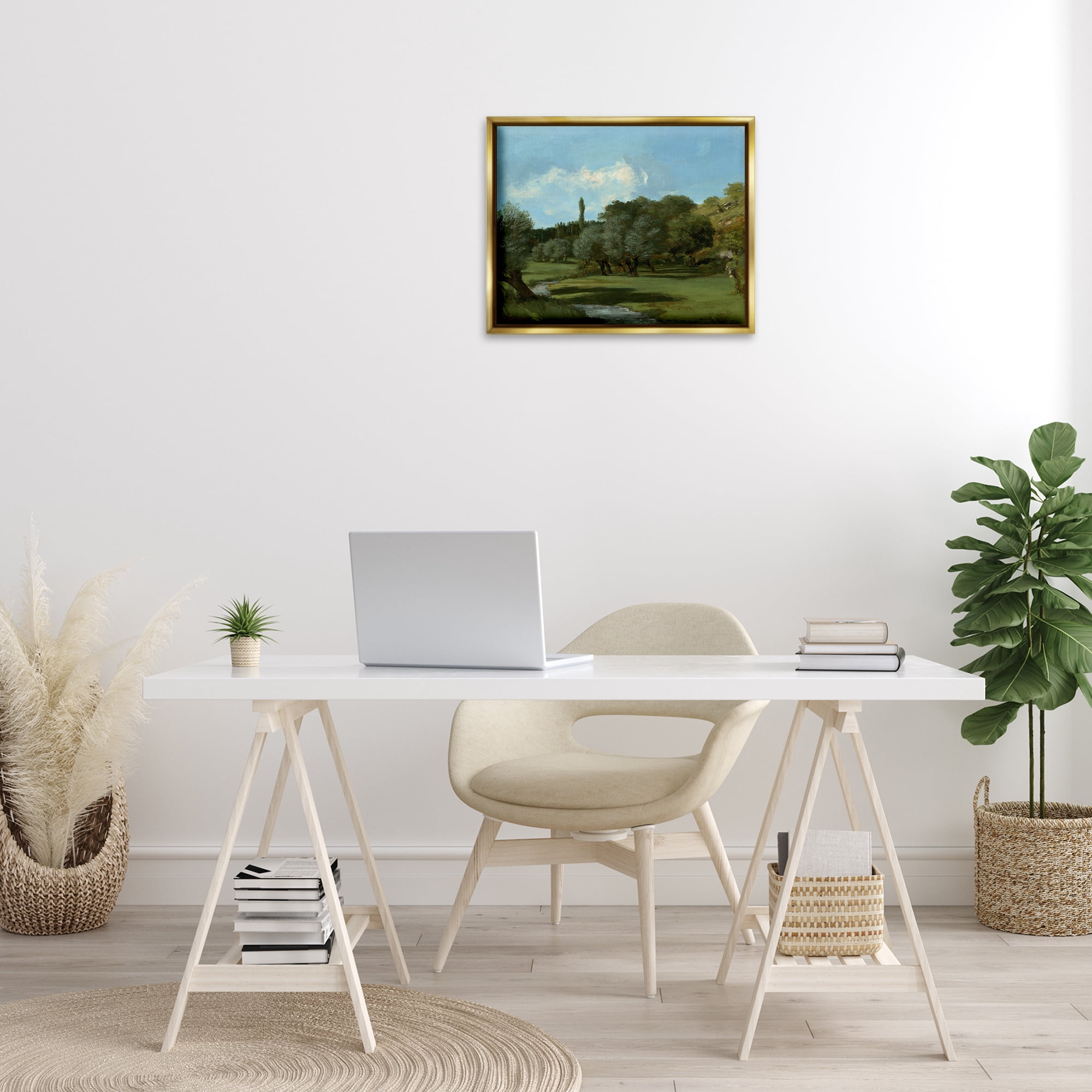 Stupell Industries Classical Green Field Landscape Landscape & Nature Painting Gold Floater Framed Canvas Art Print Wall Art, 21 x 17