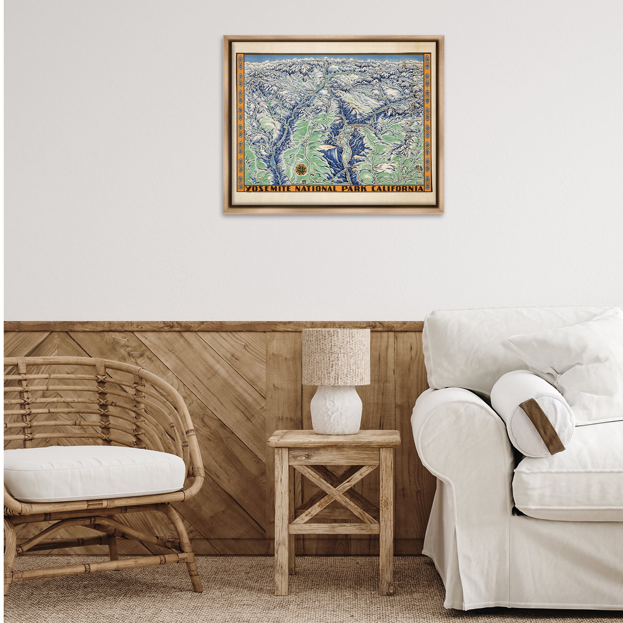 Stupell Industries Vintage Yosemite Map Town & City Painting Brown Floater Framed Art Print Wall Art, 31 x 25