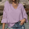 thumbnail image 6 of ZHYou Blouses for Women V Neck Pullover Lace Hollow 3/4 Sleeve Tops Summer Fall Business Casual Shirts,Purple,Size M, 6 of 8