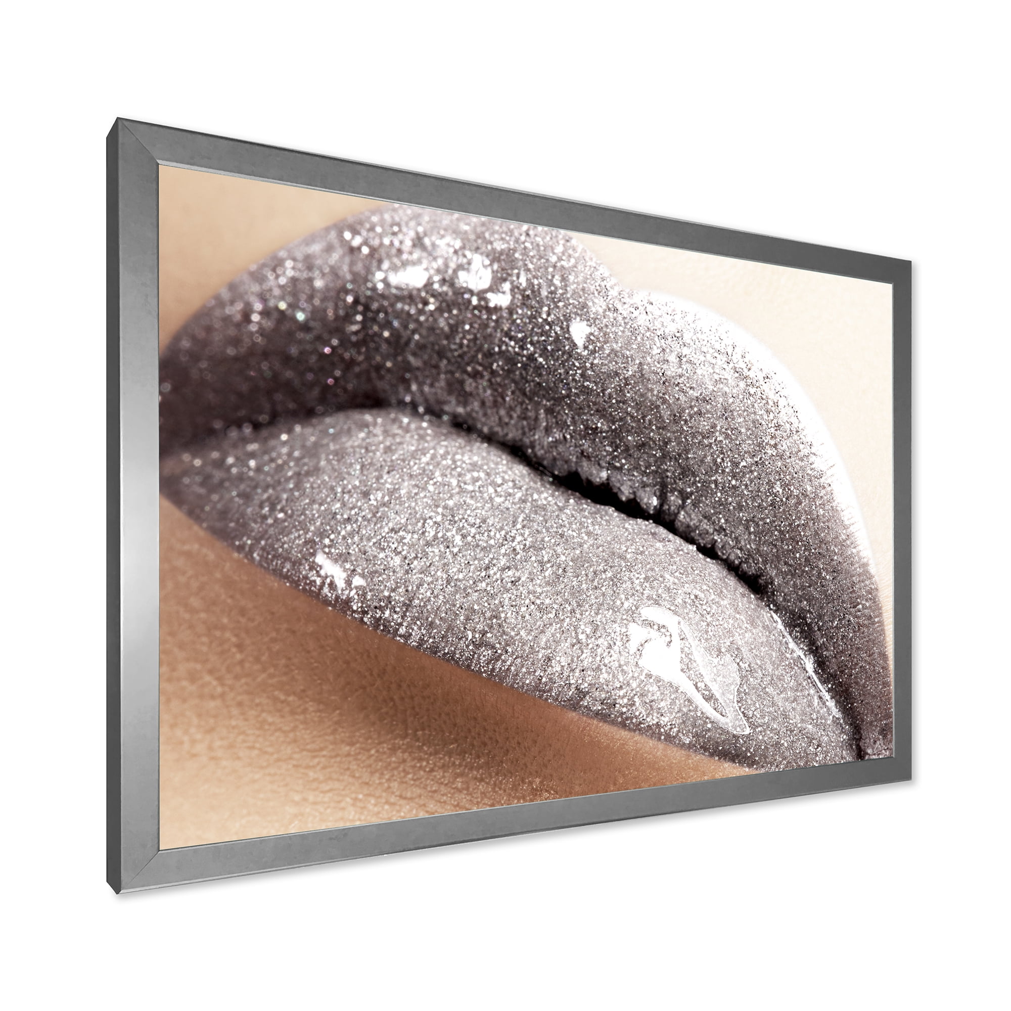 Close Up of Female Lips With Glittering Silver 32 in x 16 in Framed Photography Canvas Art Print, by Designart