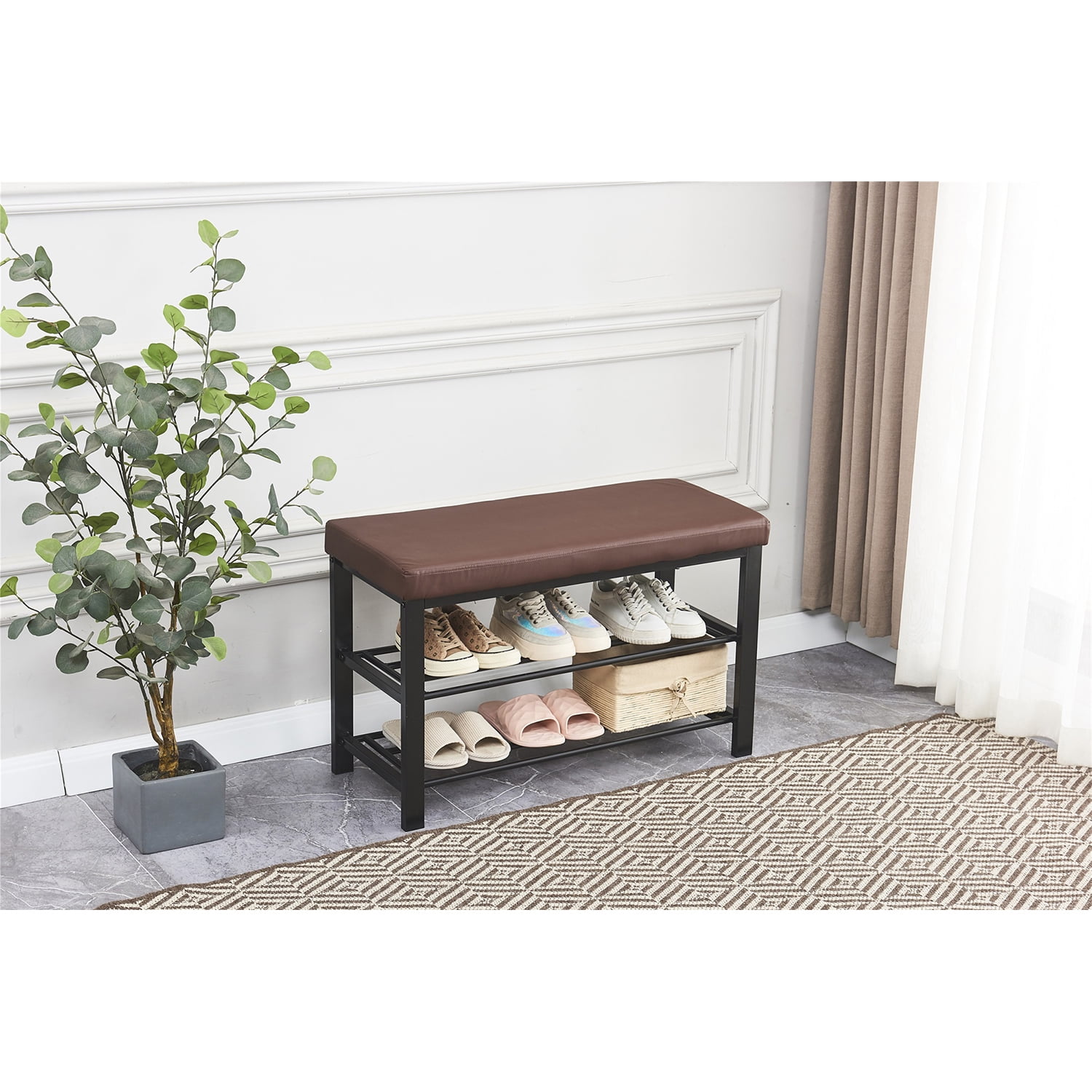 Private Jungle 3-Tier Shoe Rack Bench for Entryway, Storage Organizer with Foam Padded Seat, Faux Leather, Metal Frame, 31.5 x 11.8 x 19.7 Inches, Brown Private Jungle 3-Tier Shoe Rack Bench for Entryway, Storage Organizer with Foam Padded Seat, Faux Leather, Metal Frame, 31.5 x 11.8 x 19.7 Inches, Brown