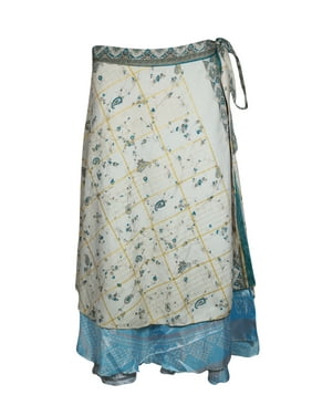 Mogul Women Wrap Skirt Blue White Printed 2 Layer Reversible Silk Sari Wrap Skirts Summer Beach Coverup One Size
