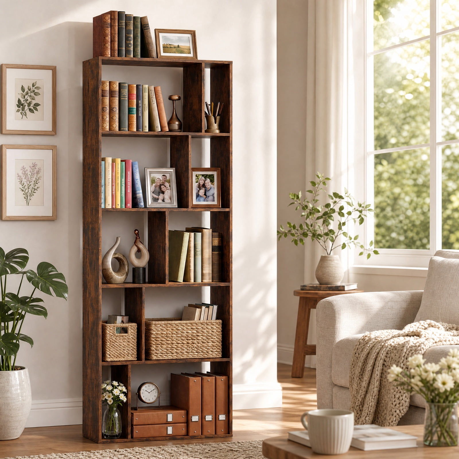 Furnibear 5-Tier Modern Bookshelf with Open Back and 2 Anti-Tipping Kits for Living Room Home Office Bedroom Display Storage Shelf, Brown