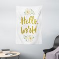 thumbnail image 1 of Hello World Tapestry, Hand Drawn Brush Lettering Pastel Toned Flowers, Wall Hanging for Bedroom Living Room Dorm Decor, 40W X 60L Inches, Dark Khaki Sea Green Pale Pink and Ivory, by Ambesonne, 1 of 2