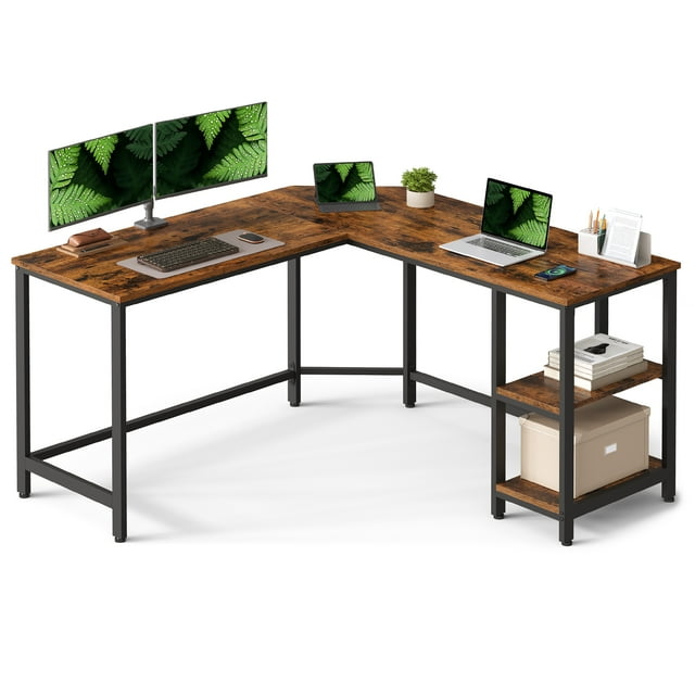 VASAGLE Computer Desk, L-Shaped Corner Desk, 138 x 138 x 76 cm, Gaming Desk, Workstation with 2 Storage Shelves for Home Office, Space-Saving, Easy to Assemble, Rustic Brown and Ink Black