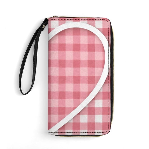 Womens Wallet Bifold Ladies Cluth Bag Wristlet Wrist Strap Long Purse Pink Plaid Heart Design