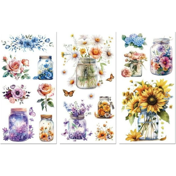 Rub on Transfer Decals for Furniture Crafts Decor Glass Jar with Flowers 6"x12" 3Pcs Waterproof UV Transfer Decals Sticker for Dresser Glass Porcelain Wood Plastic