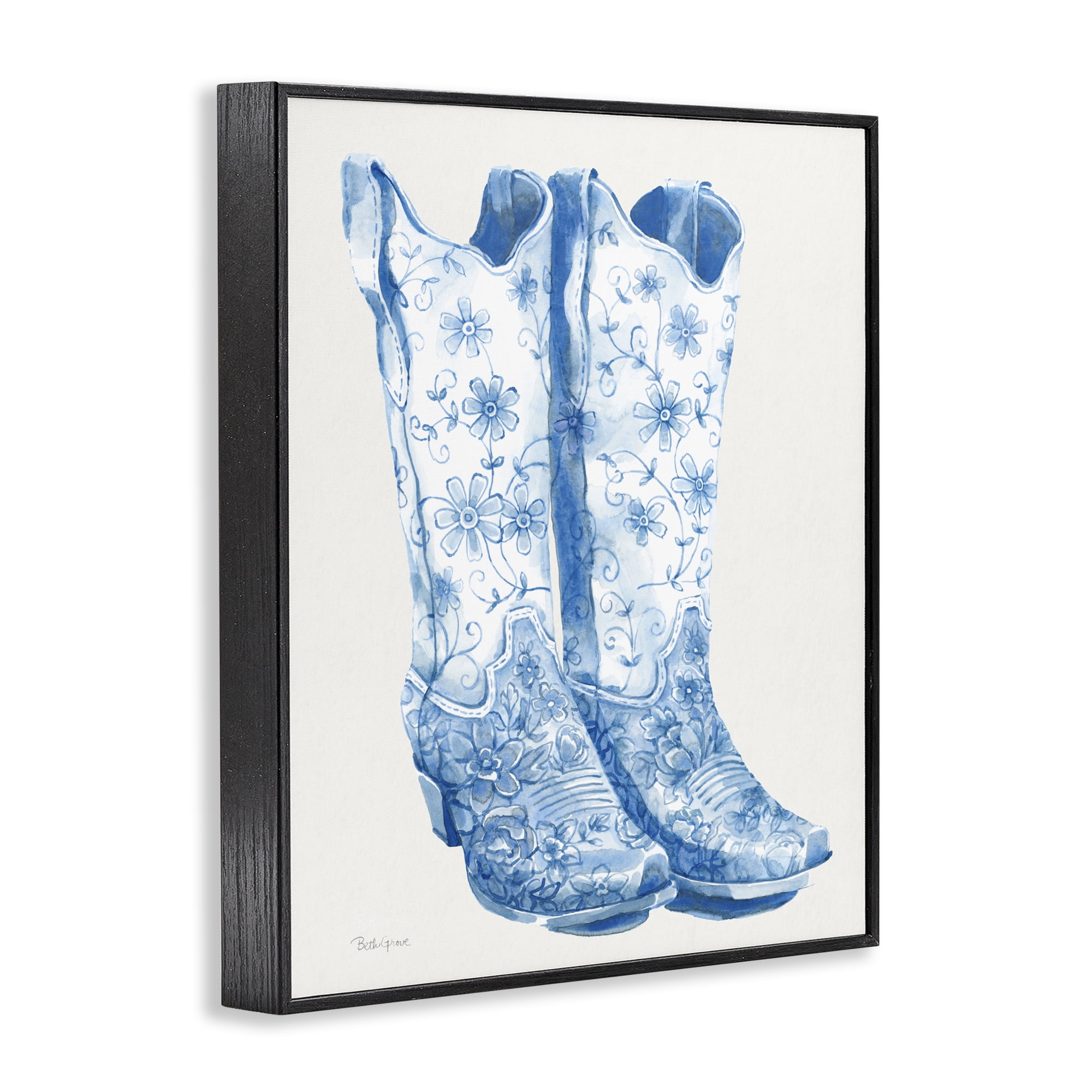 Stupell Industries Blue Boots with Floral Embroidery Black Framed Giclee Art, design by Beth Grove