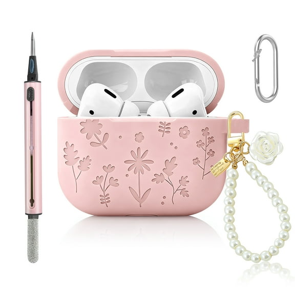 CAISATEQ® Compatible with AirPods Pro 3 Case 2025, Cute Floral Engraved Soft Silicone Cover with Rose Pearl Keychain and Cleaning Kit, Shockproof and Dustproof, 6 Colors (Light Pink)