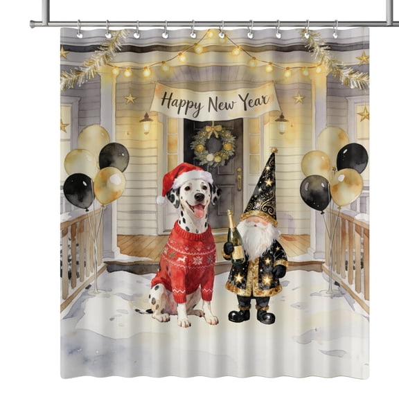 Happy New Year 2026 Dalmatian Santa Gnome Holiday Party Snow Shower Curtain Dog Lover Waterproof Bathroom Bathtub Curtain - 13019
