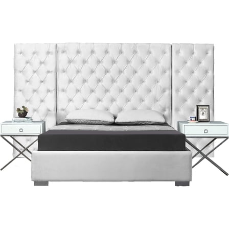 King Size Bed White Velvet, Button Tufted Headboard, Glamorous Bedroom Furniture, Modern Design
