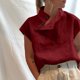 thumbnail image 1 of Blusa de algodón para mujer, cuello alto, abotonado lateral, manga corta, tallas grandes, moda Irfora Blusa de mujer, 1 of 7