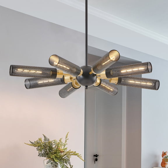 Modern Industrial Chandelier, 8-Light Black and Gold Metal Pendant Light with Mesh Shades, E26 Base, Adjustable Height(No Bulb)
