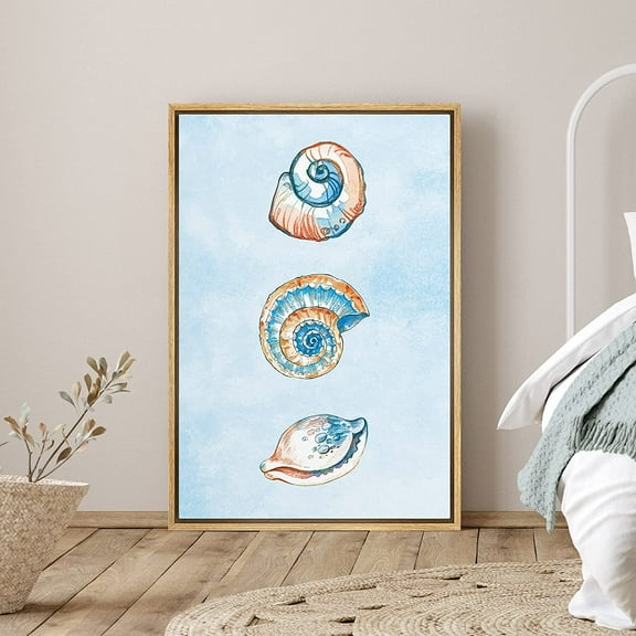 PixonSign Framed Canvas Print Wall Art Pastel Orange and Blue Seashells Nature Ocean Illustrations Modern Art Nautical Relax/Calm Multicolor Boho Decor for Living Room, Bedroom - 24"x36" Natural