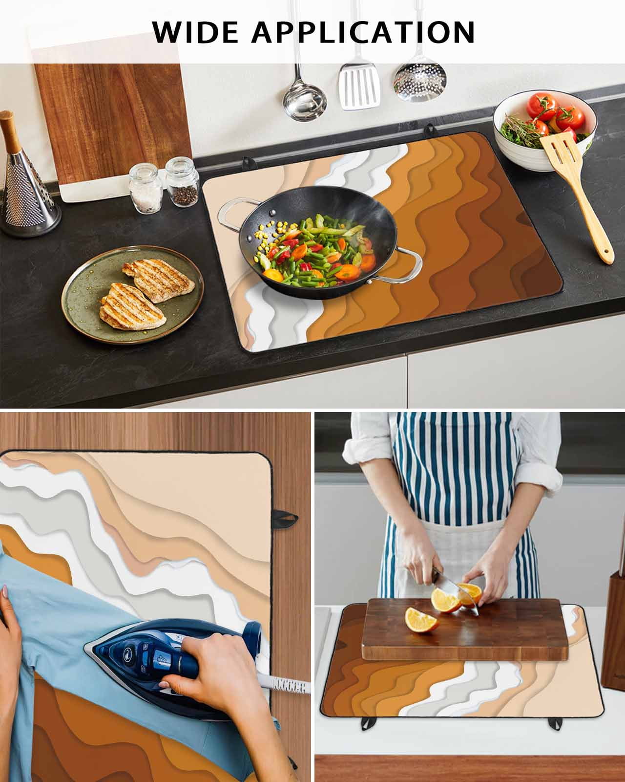 nqOlkjepod Large Induction Cooktop Protector Mat 36"x21", Orange Coastal Beach Stove Top Covers for Electric Stove, Rustic Abstract Sea Waves Striped Stove Burner Cover Mats, Glass Top Stove Cover