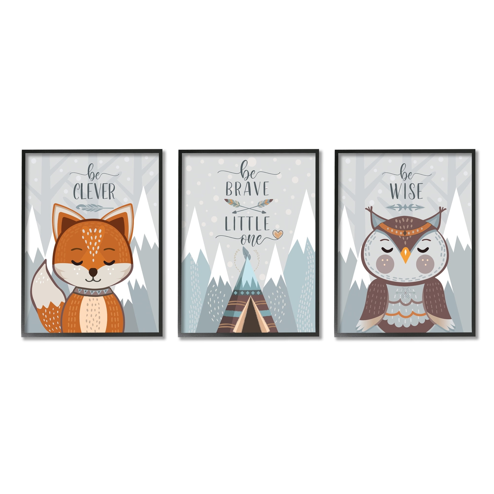 Stupell Industries Be Clever Brave And Wise Phrases Forest Animal Grey Framed, 11 x 14, Design by AE Design