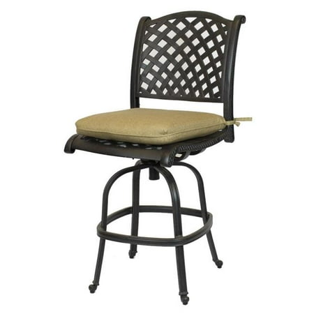 Aluminum Bar Chairs Comfort Care CC03B-SL Cast Aluminum Armless Weave Outdoor Barstool with Sunbrella Sesame Linen Cushion - 50.6 x 22.8 x 27 in. - Set of 2 ()