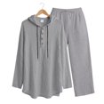 thumbnail image 4 of Men's Linen Blend 2 Piece Outfit Hooded Henley Shirt Drawstring Wide Leg Pants Set Gray XL, 4 of 10